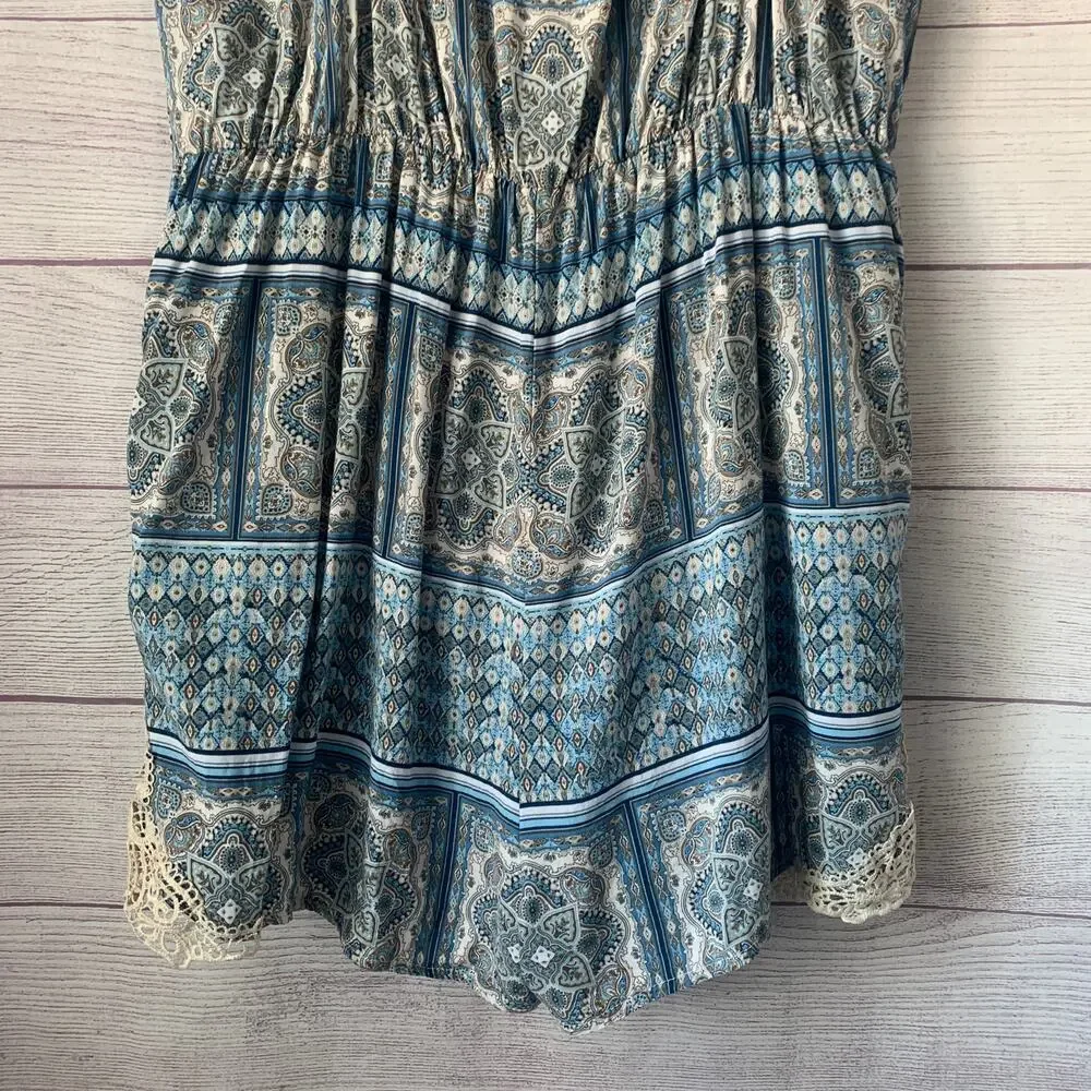 Alya Blue and Cream Paisley Medallion Romper with Crochet Lace Trim Size M